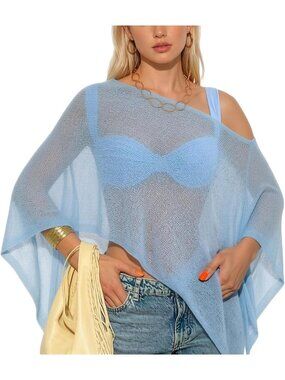 Women's Light Blue Lightweight Knit Crochet Shrug Bolero Mesh Batwing Cover Up